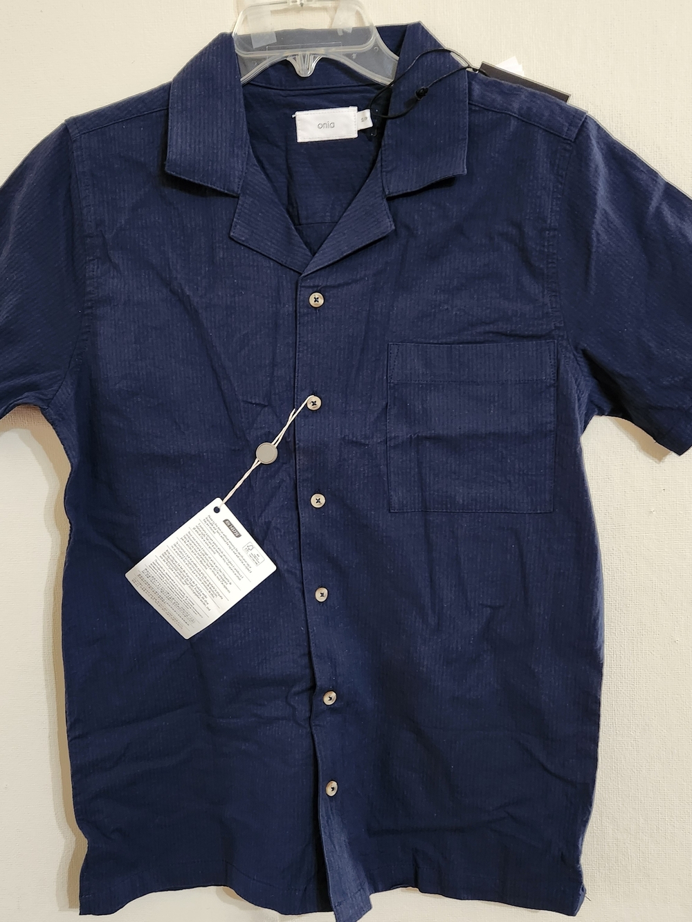 Onia Navy Short-Sleeve Camp Collar Shirt with Chest Pocket